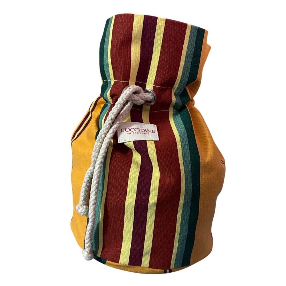 L'Occitane en Provence Canvas Drawstring Cosmetic Bag Yellow Striped 100% Cotton